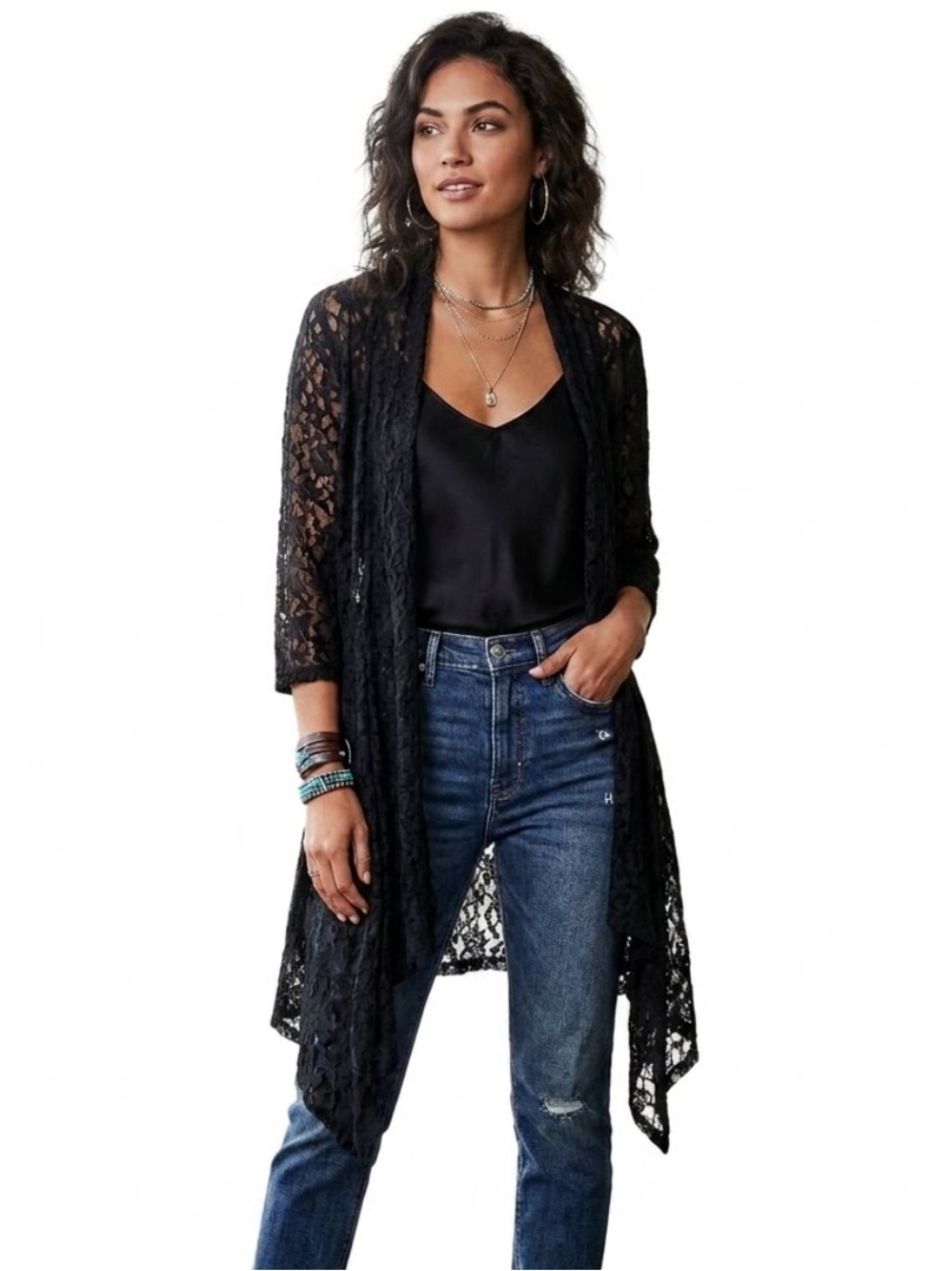 Black Lace Sheer Open-Front Womens Cardigan Sweater Draped Hem Medium Witchycore
